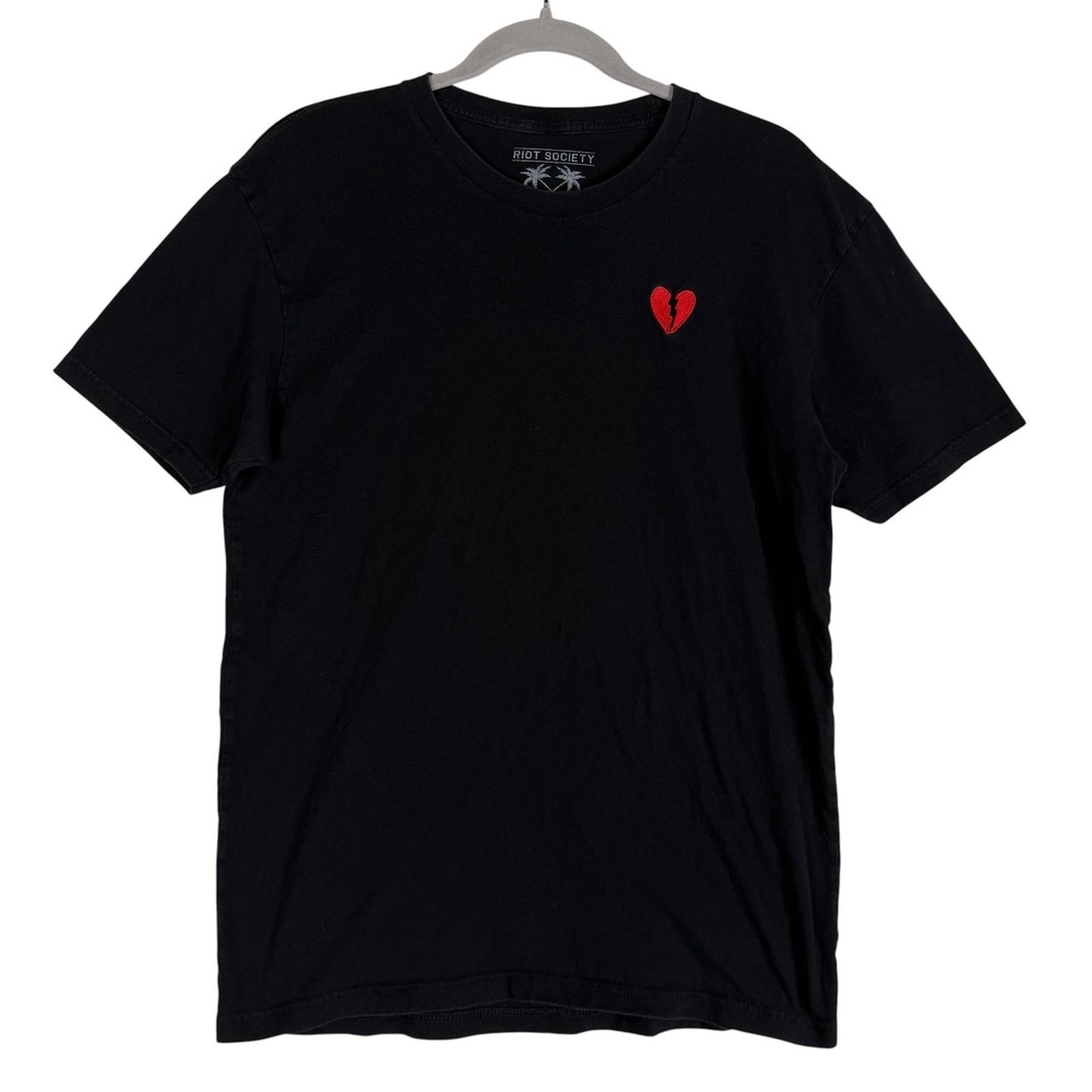 Riot Society Shirt Mens Medium Black Embroidered Broken Heart Tagless Tee Cotton